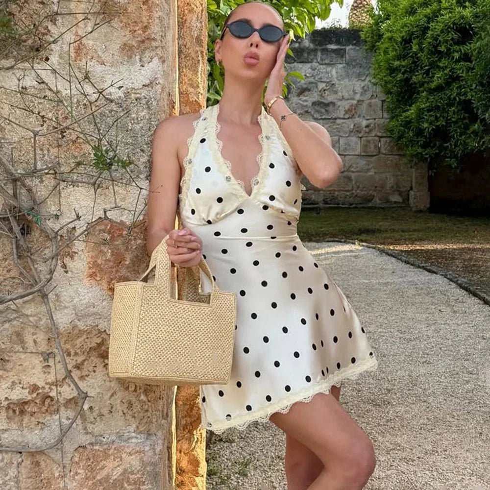 OLANE Polka Dot Backless Lace Mini Dress XSWomenโs Dresses