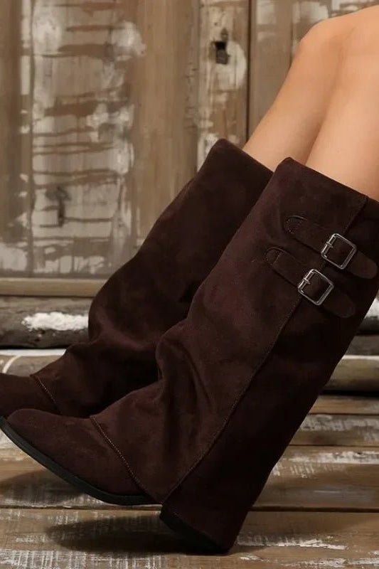 OLANE Retro Buckle Knee High Boots Brown36Women's Shoes