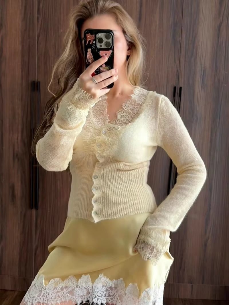 OLANE Romantic Buttoned V-Neck Lace Trim Cardigan BeigeCardigan