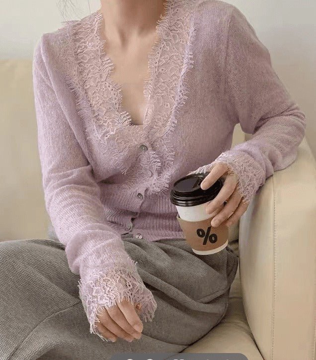 OLANE Romantic Buttoned V-Neck Lace Trim Cardigan LavenderCardigan