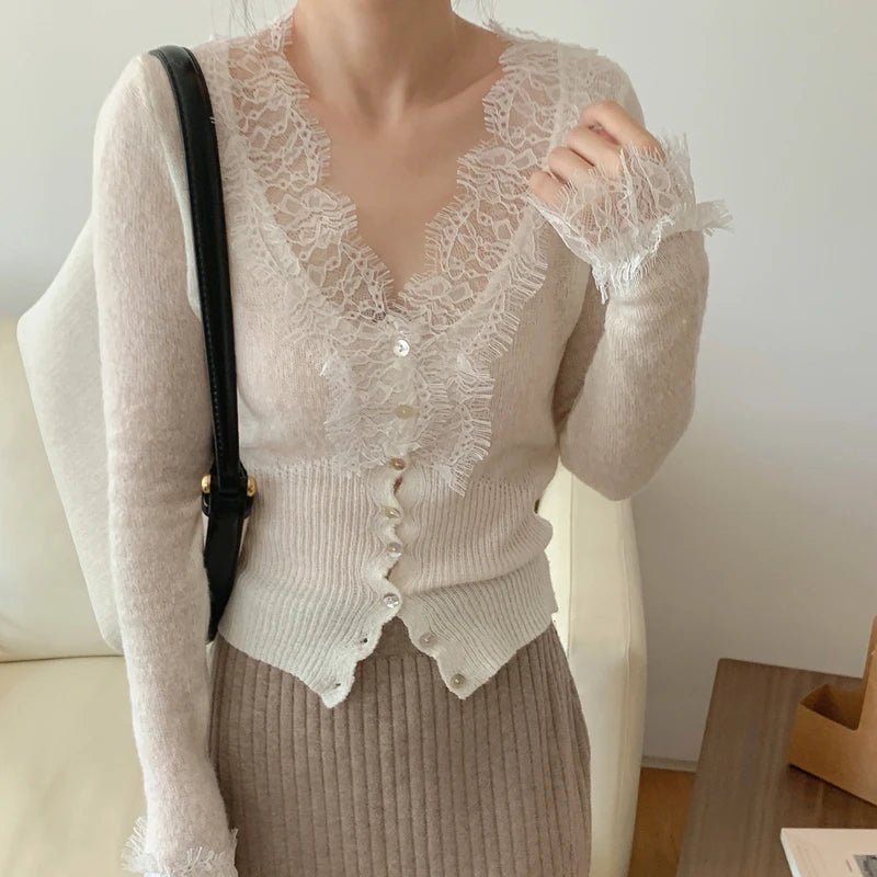 OLANE Romantic Buttoned V-Neck Lace Trim Cardigan WhiteCardigan