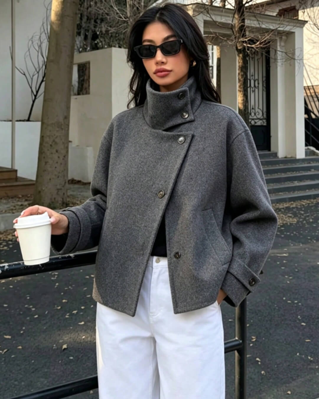OLANE Rose Buckle Stand Collar Coat GreyXSCoat
