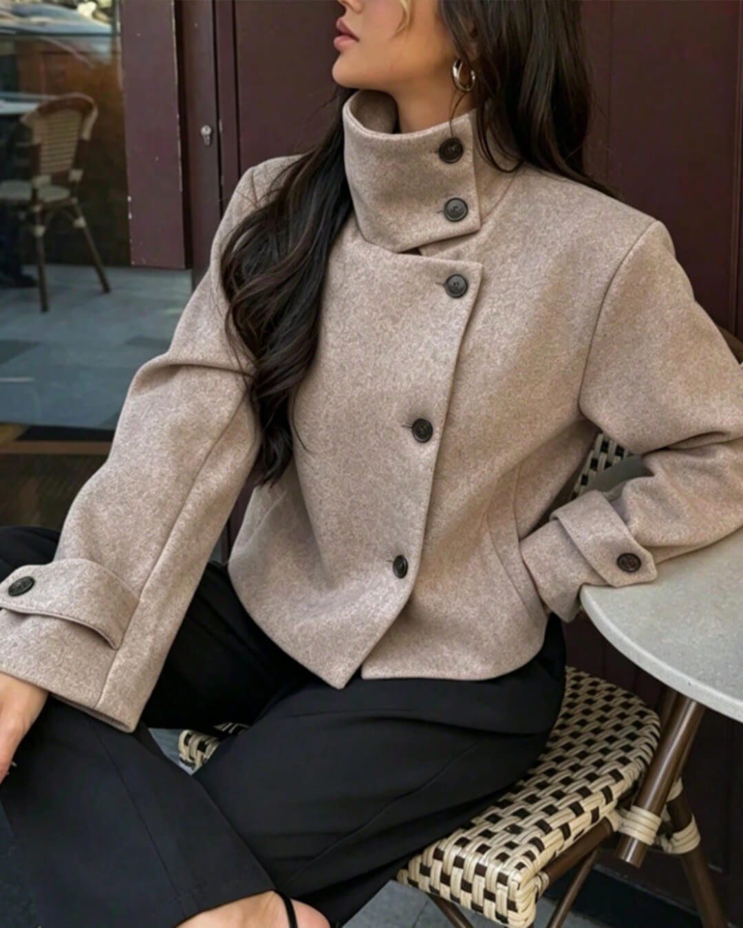OLANE Rose Buckle Stand Collar Coat TaupeXSCoat