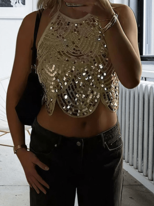 OLANE Sequin Backless Halter Top GoldXSWomen’s Tops