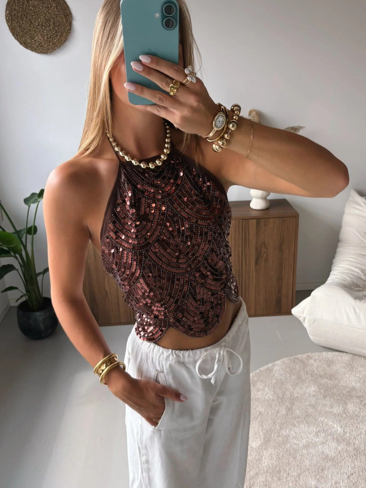 OLANE Sequin Backless Halter Top WhiteXSWomen’s Tops