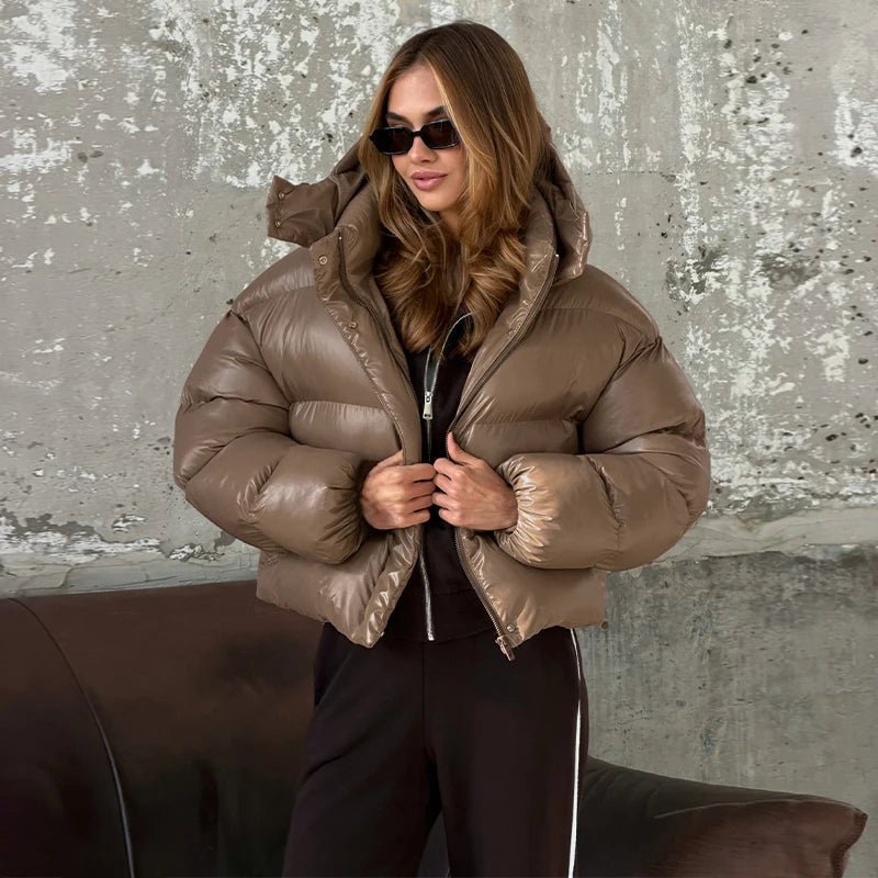 OLANE Short Glossy Hooded Puffer Jacket BrownSWomen's Coats & Jackets
