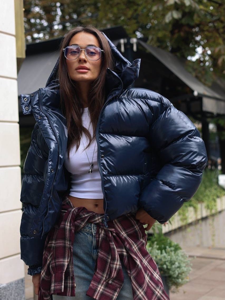 OLANE Short Glossy Hooded Puffer Jacket Navy BlueMWomen's Coats & Jackets