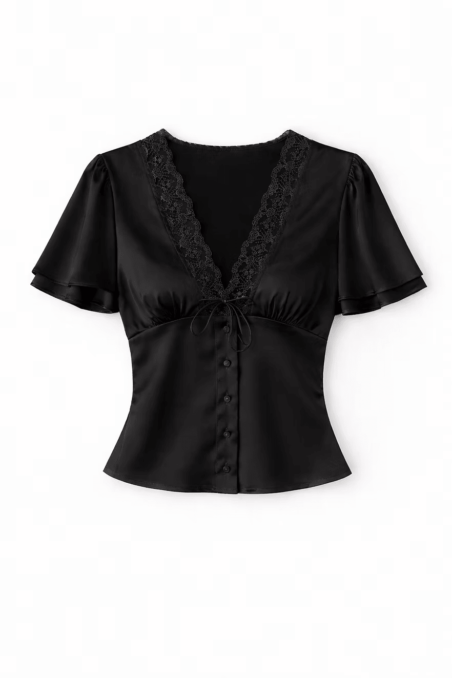 Teresa – Kurzarm-Spitzen-Satin-Bluse mit Knöpfen