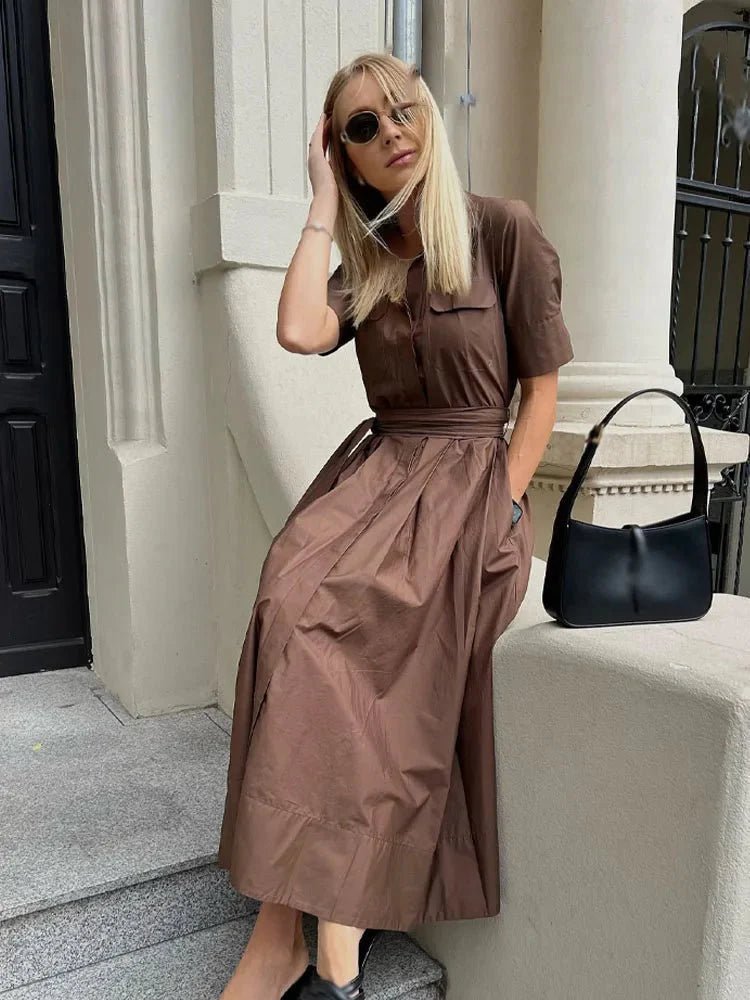 OLANE Single-Breasted Bow Tie-Waist Shirt Dress Blue StripesXSWomen's Dresses