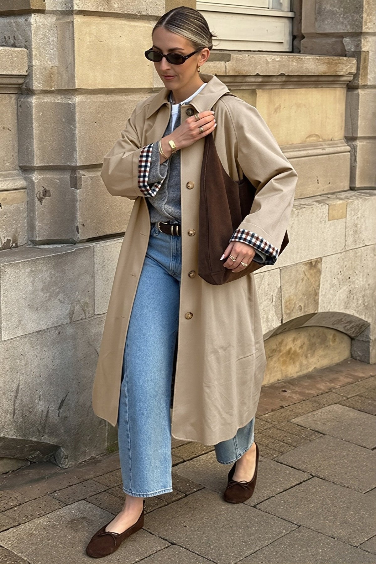 OLANE Single Breasted Check-Accent Trench Coat BeigeLWomen's Coats & Jackets