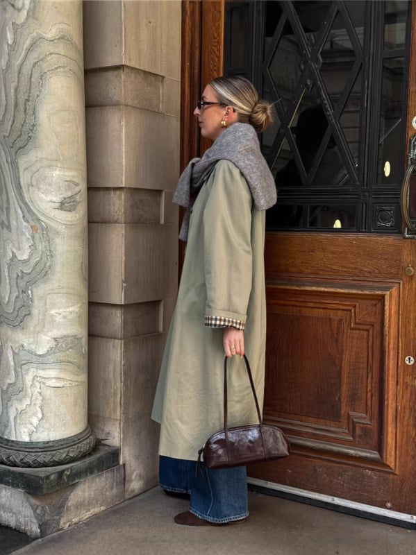 OLANE Single Breasted Check-Accent Trench Coat BeigeLWomen's Coats & Jackets