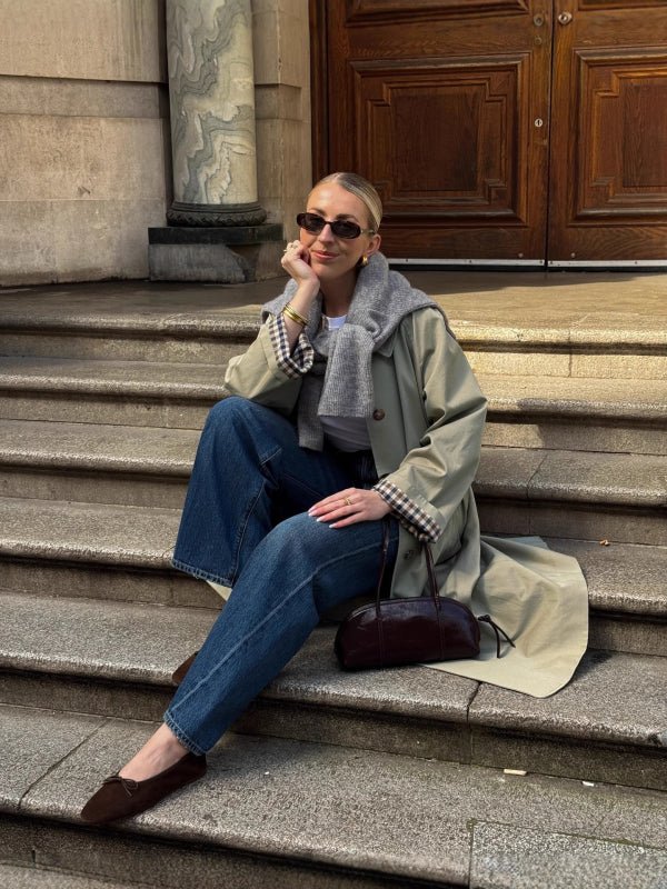 OLANE Single Breasted Check-Accent Trench Coat Sage GreenMWomen's Coats & Jackets