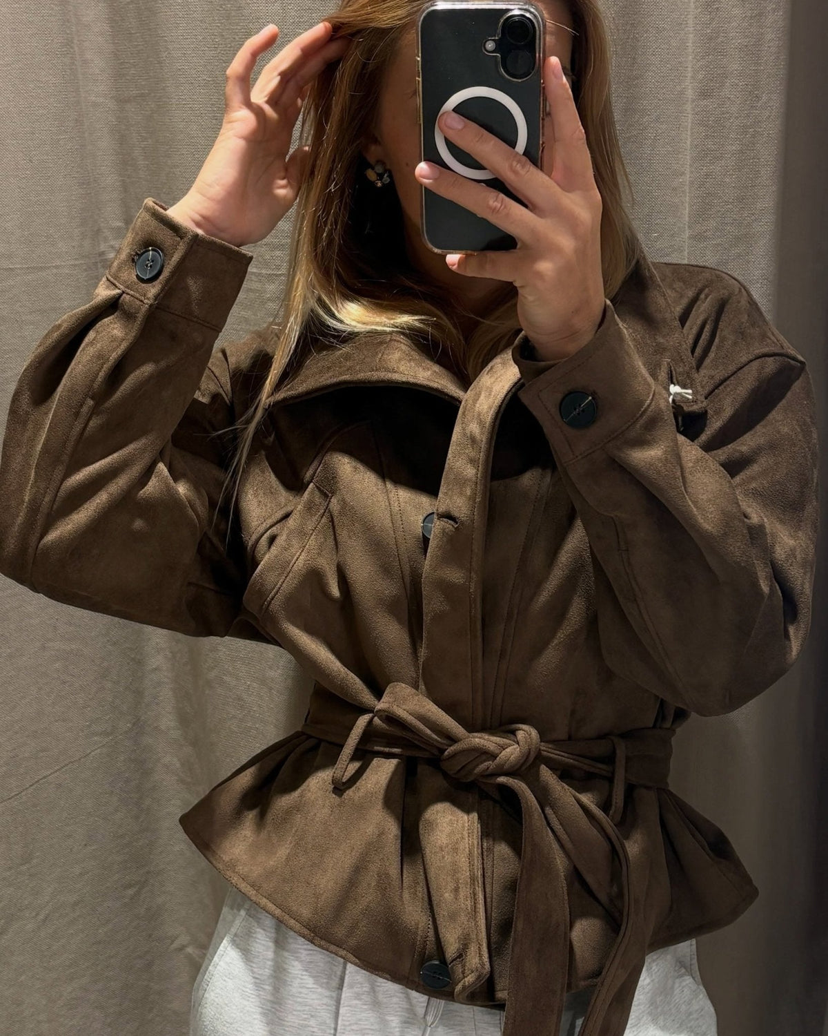 OLANE Single Breasted Faux Suede Lace Up Jacket BrownXSWomen's Coats & Jackets