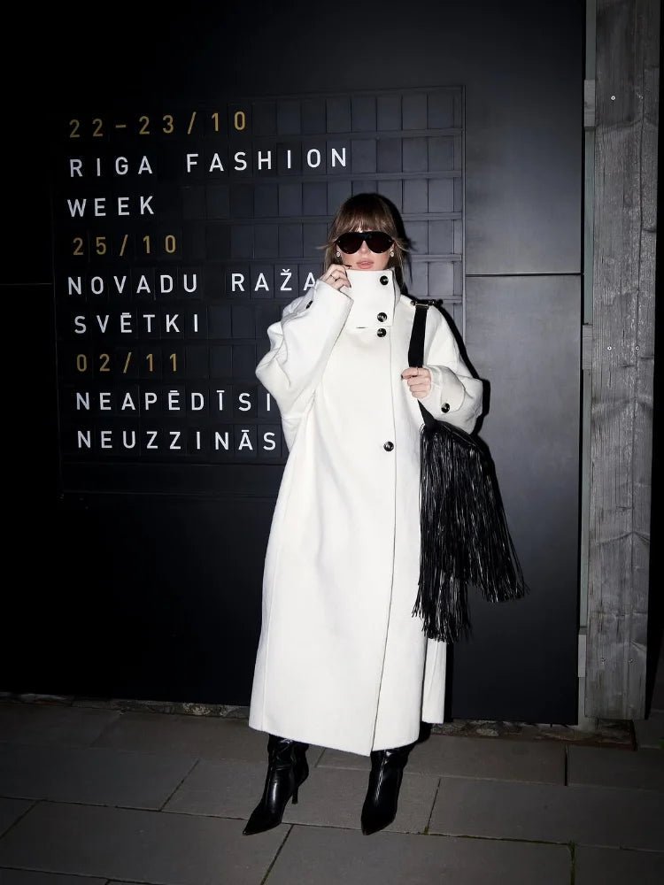OLANE Single Breasted Stand Collar Long Coat IvoryMWomen's Coats & Jackets