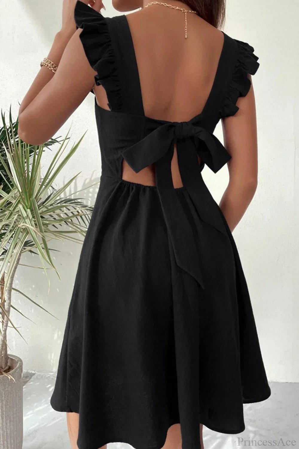 OLANE Sleeveless Ruffle Tie-back Mini Dress BlackSWomen’s Dresses