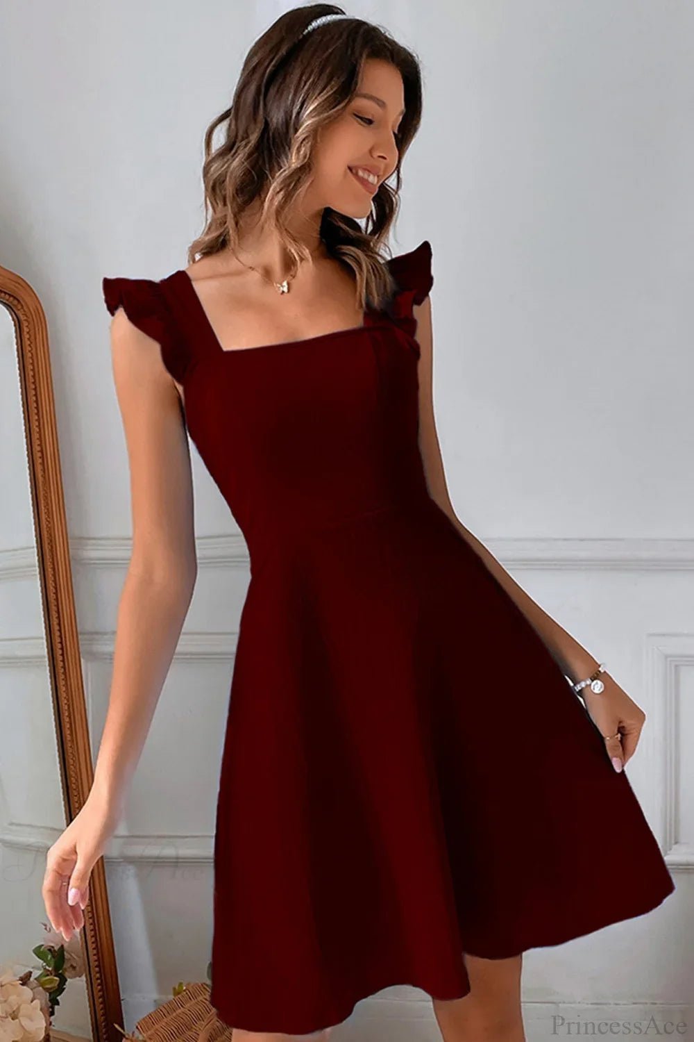 OLANE Sleeveless Ruffle Tie-back Mini Dress BurgundySWomen’s Dresses