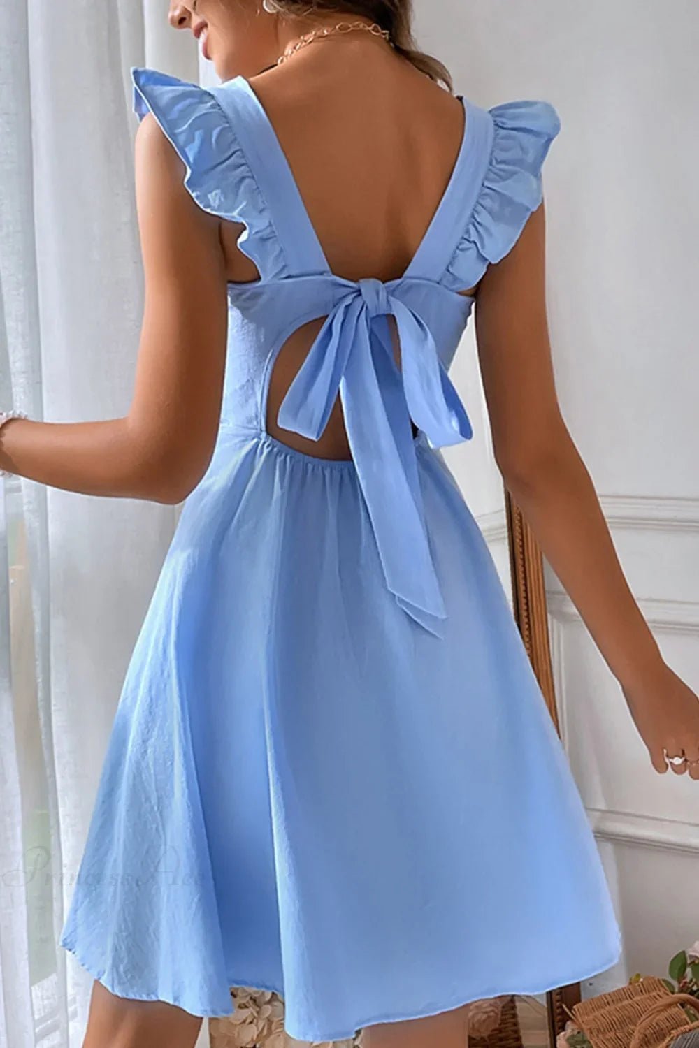 OLANE Sleeveless Ruffle Tie-back Mini Dress Light BlueSWomen’s Dresses