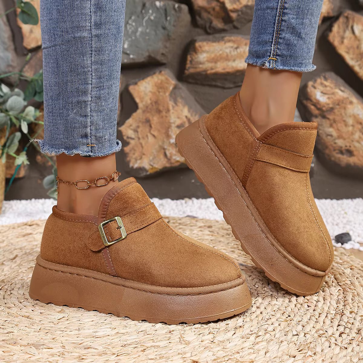 OLANE Slip-On Suede Platform Ankle Booties Camel37Boots