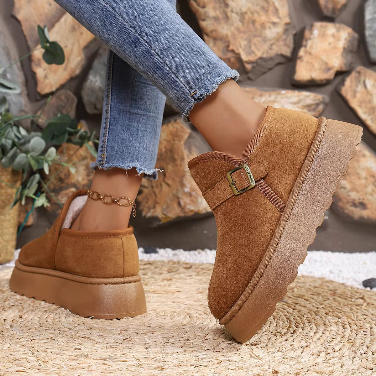OLANE Slip-On Suede Platform Ankle Booties Camel39Boots