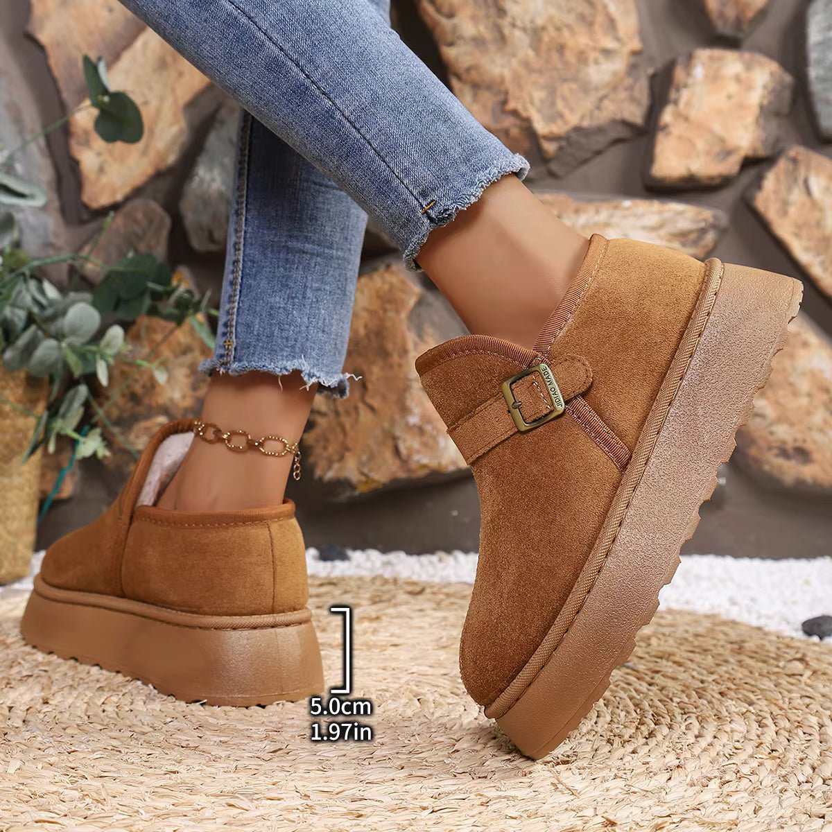 OLANE Slip-On Suede Platform Ankle Booties Camel42Boots