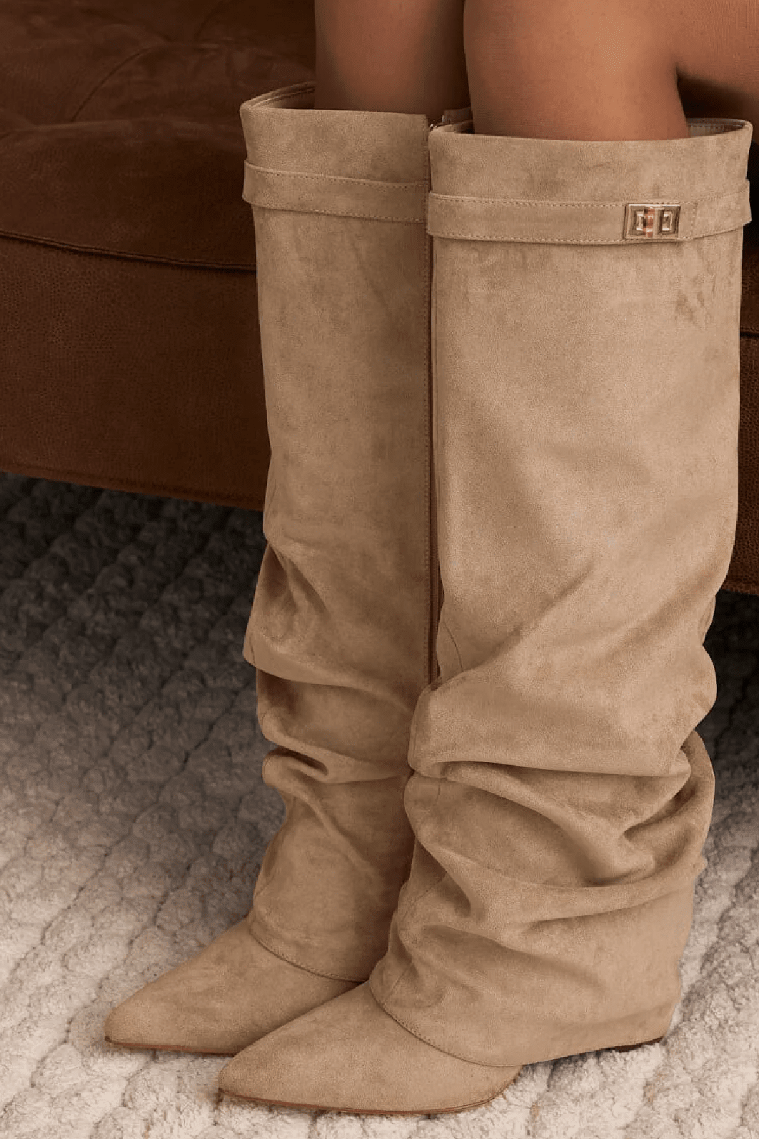 OLANE Slouchy Faux Suede Knee High Boots Brown34Boots
