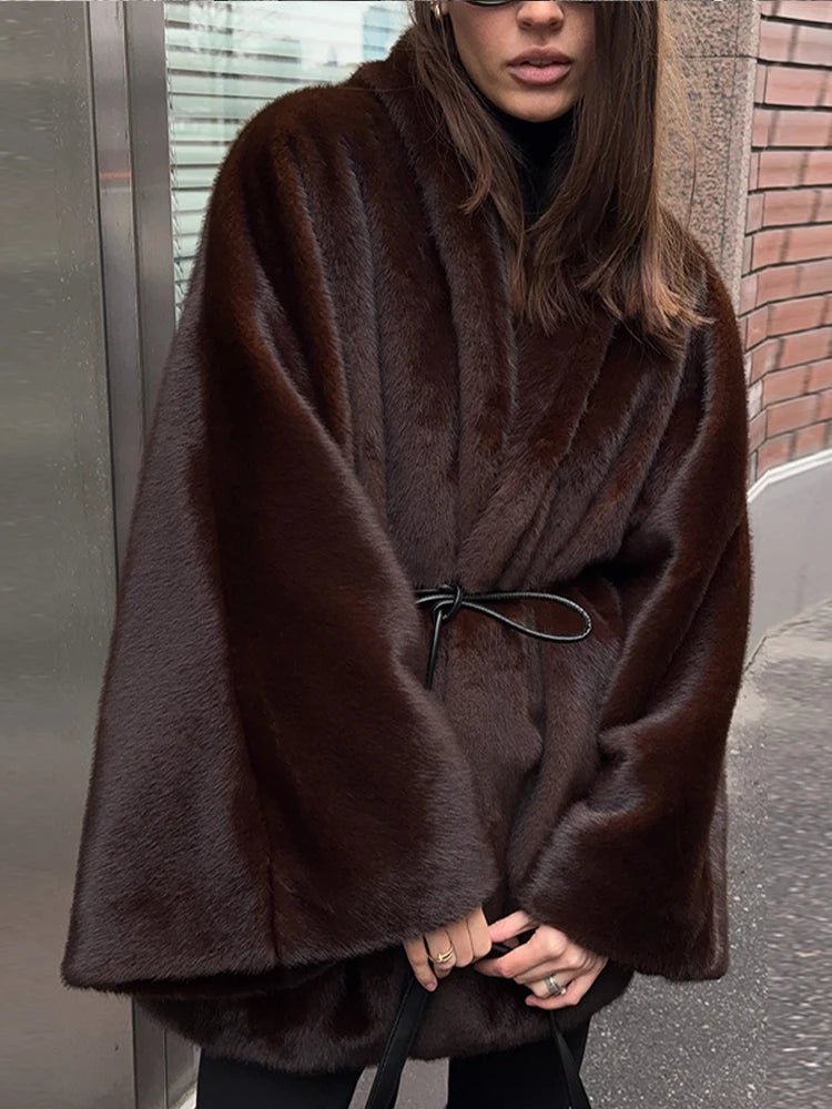 OLANE Soft Faux Fur Belted Short Jacket BrownLJacket
