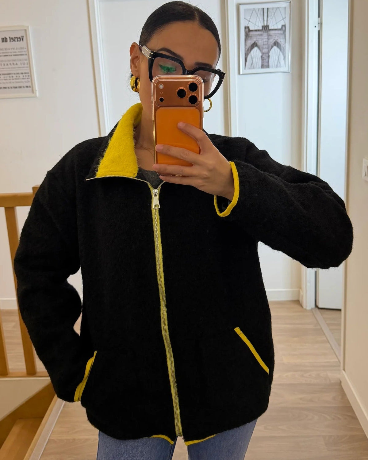 OLANE Stand Collar Contrast Knit Pilot Jacket BeigeMJacket