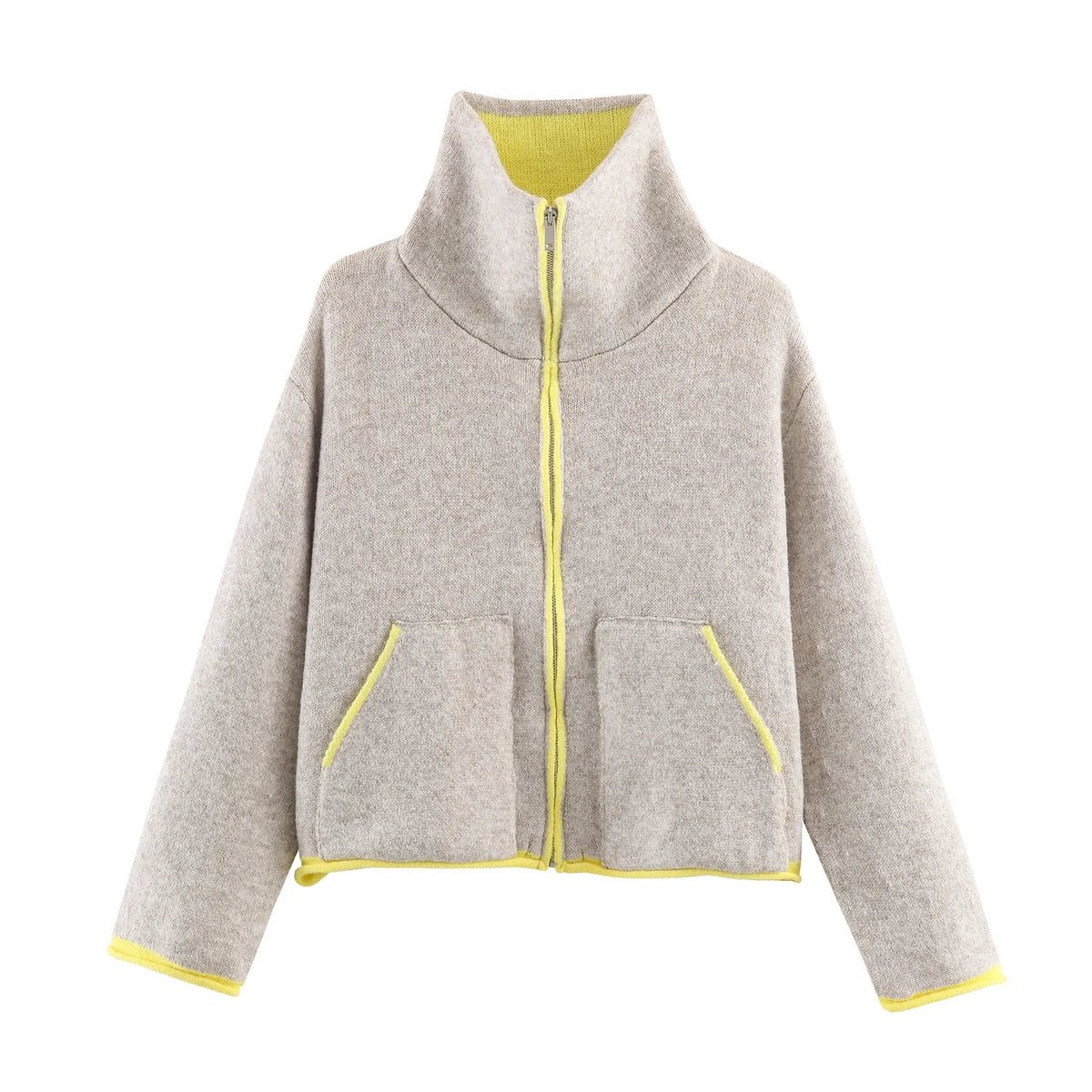 OLANE Stand Collar Contrast Knit Pilot Jacket BeigeMJacket