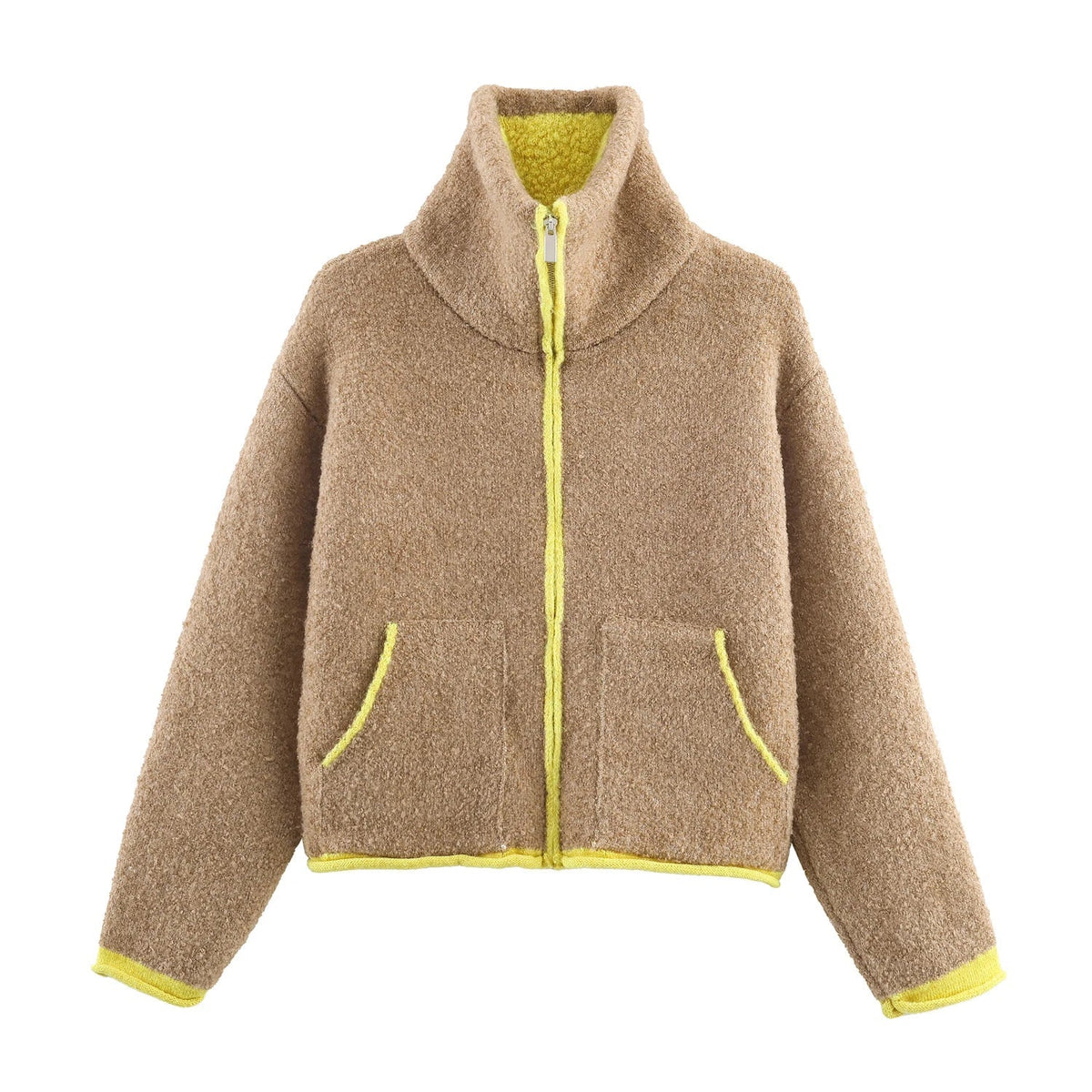 OLANE Stand Collar Contrast Knit Pilot Jacket BrownMJacket