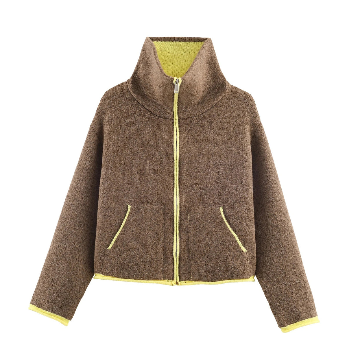 OLANE Stand Collar Contrast Knit Pilot Jacket BrownMJacket