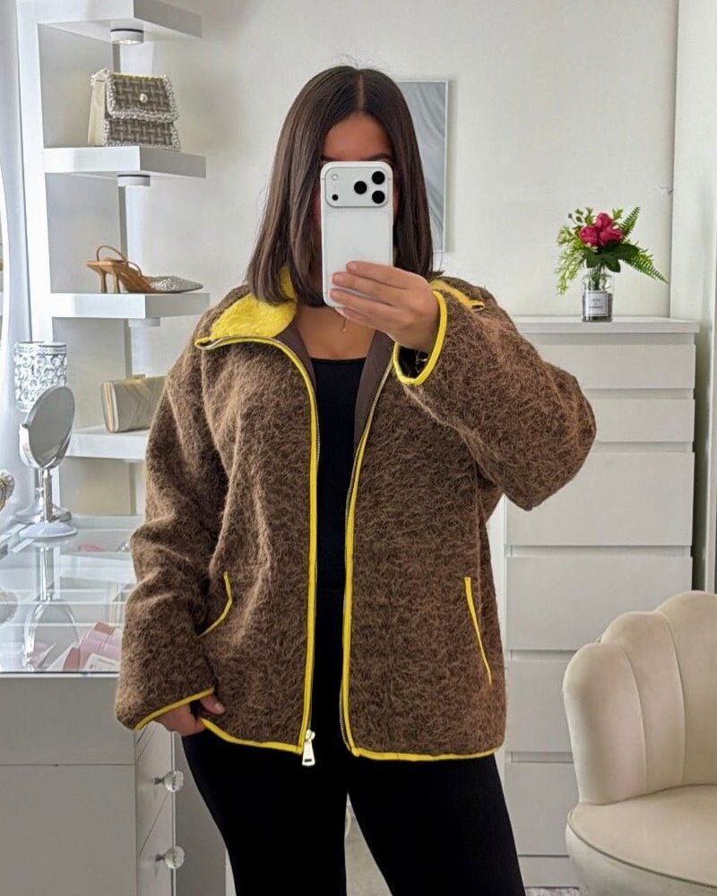 OLANE Stand Collar Contrast Knit Pilot Jacket BrownSJacket