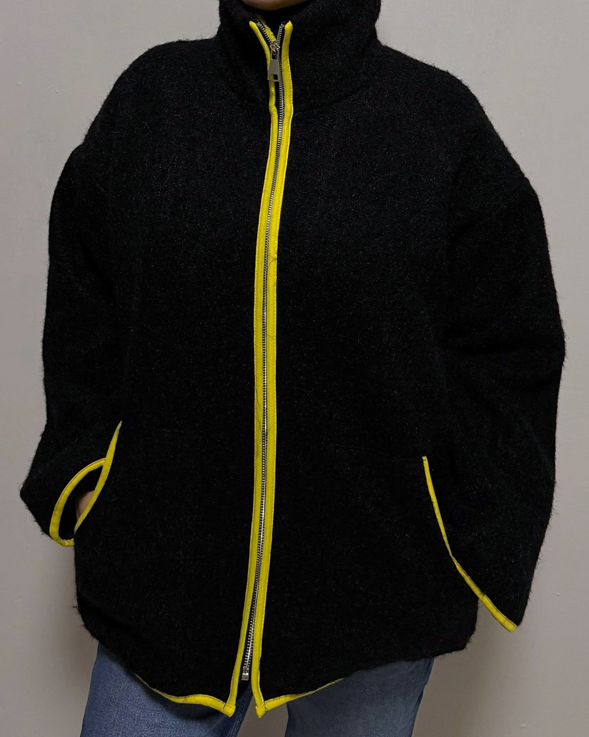 OLANE Stand Collar Contrast Knit Pilot Jacket GreyMJacket