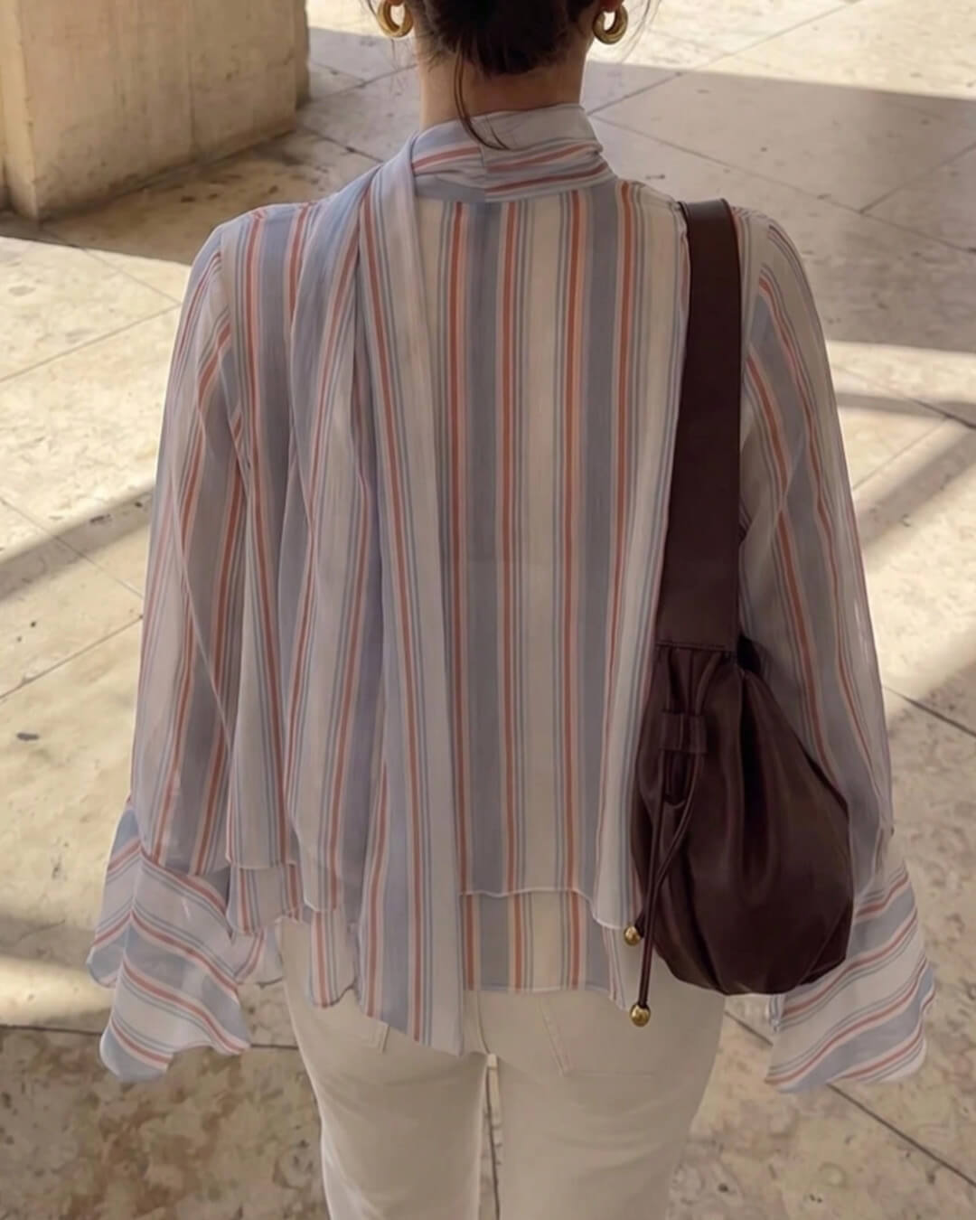 OLANE Stripe Ruffle Tie-Neck Blouse Light BlueLWomen’s Tops