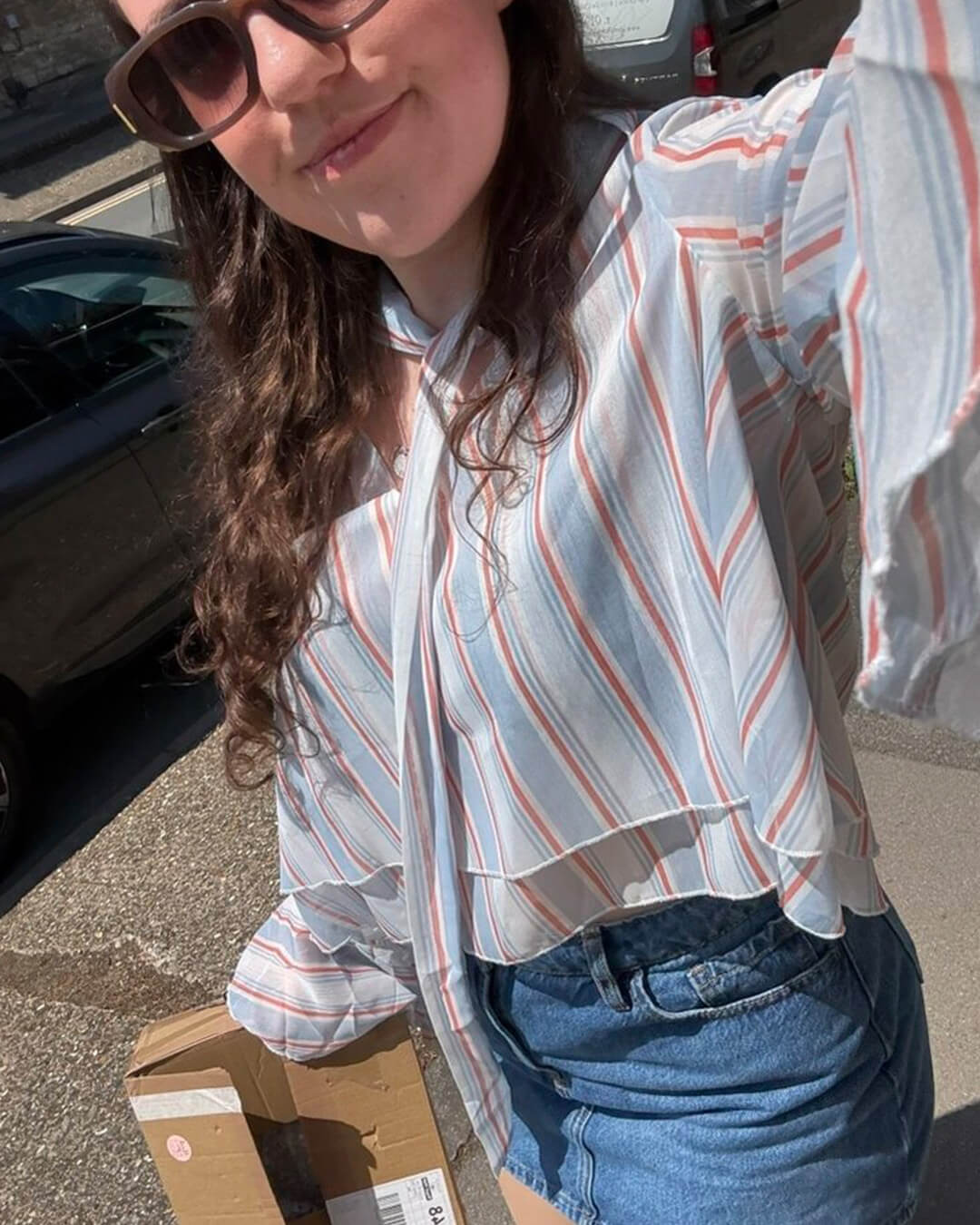 OLANE Stripe Ruffle Tie-Neck Blouse Light BlueSWomen’s Tops