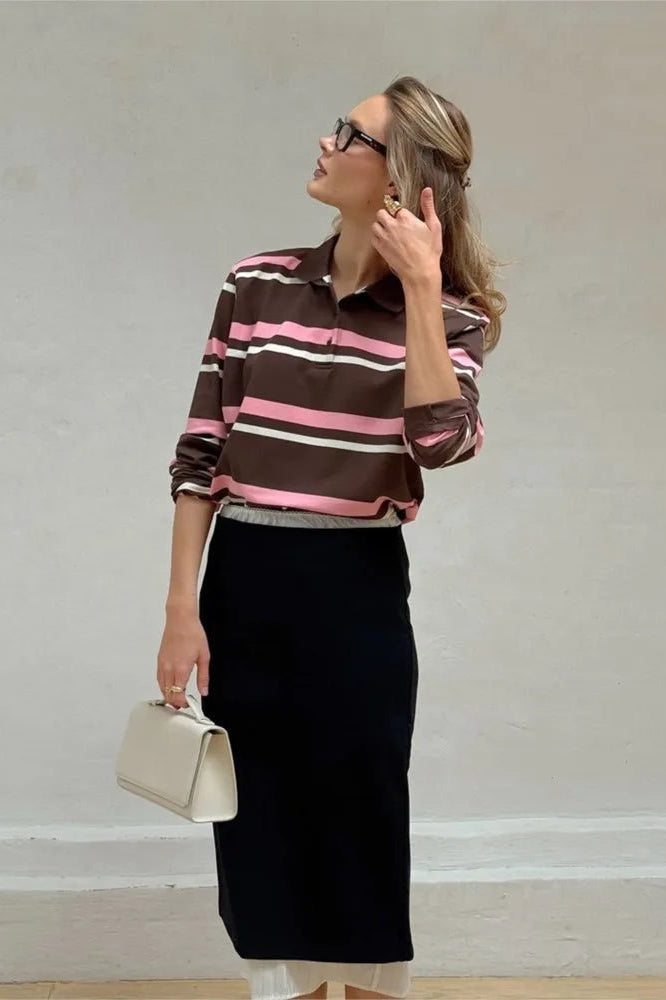 OLANE Striped Polo Long Sleeve Top StripedLTop
