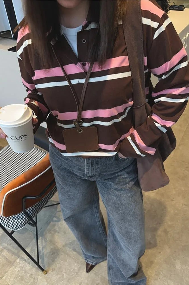 OLANE Striped Polo Long Sleeve Top StripedLTop