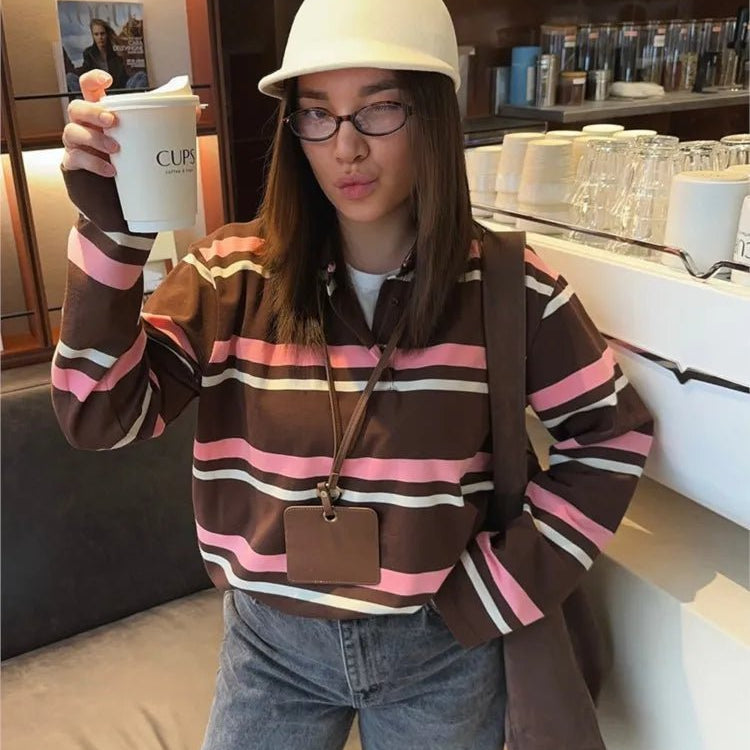 OLANE Striped Polo Long Sleeve Top StripedSTop