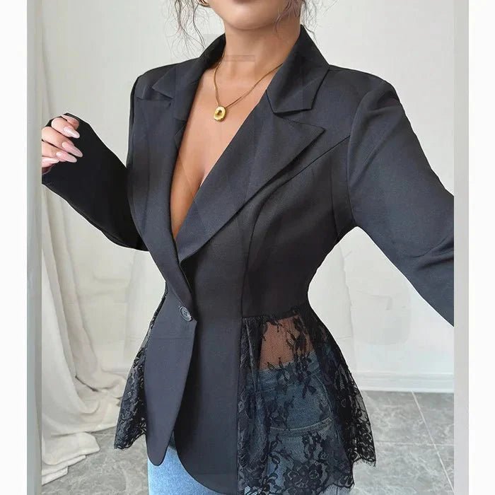 OLANE Structured Lace Panel Tailored Blazer BlackMWomen's Coats & Jackets