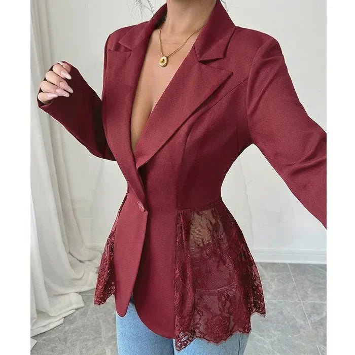 OLANE Structured Lace Panel Tailored Blazer BurgundySWomen's Coats & Jackets