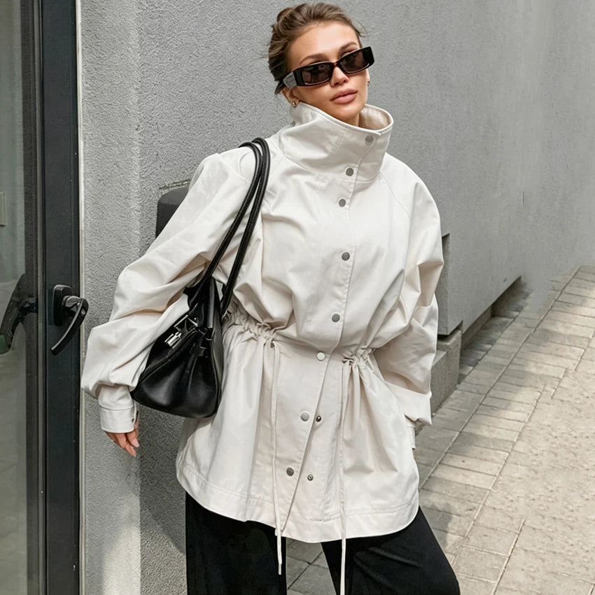 OLANE Stylish Contrast Collar Windbreaker Jacket BeigeSWomen's Coats & Jackets