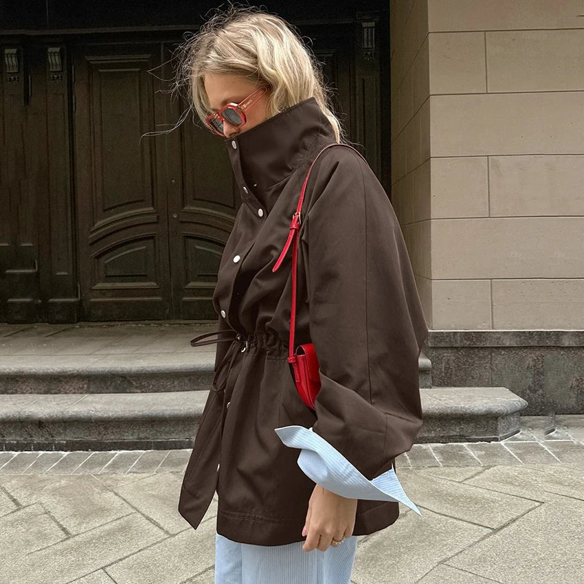 OLANE Stylish Contrast Collar Windbreaker Jacket BrownMWomen's Coats & Jackets