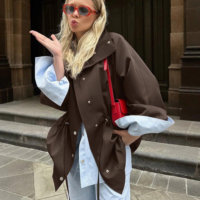 OLANE Stylish Contrast Collar Windbreaker Jacket BrownMWomen's Coats & Jackets