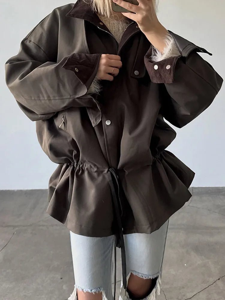 OLANE Stylish Contrast Collar Windbreaker Jacket BrownMWomen's Coats & Jackets