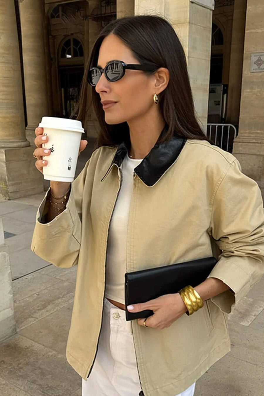 OLANE Stylish Contrast Collar Zip-Up Jacket BeigeSJacket