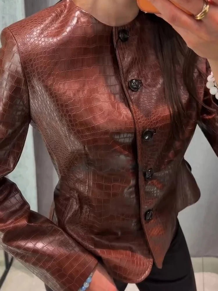 OLANE Stylish Croc Embossed Faux Leather Jacket BrownSWomen's Coats & Jackets