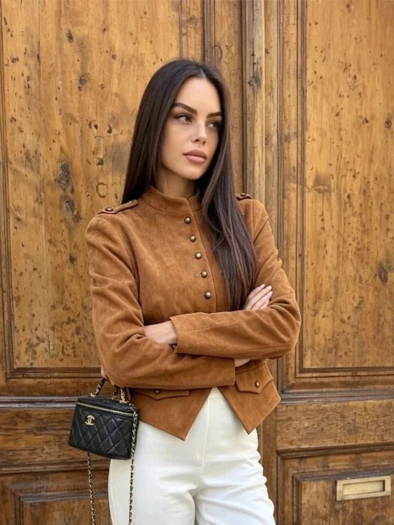 OLANE Stylish Faux Suede Button Cropped Coat BrownMWomen's Coats & Jackets