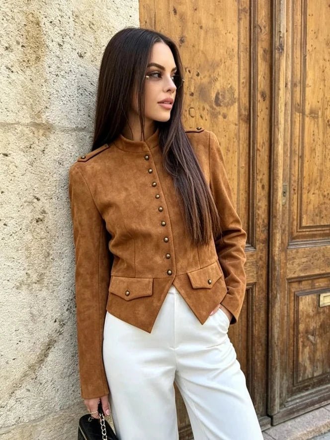 OLANE Stylish Faux Suede Button Cropped Coat BrownXSWomen's Coats & Jackets