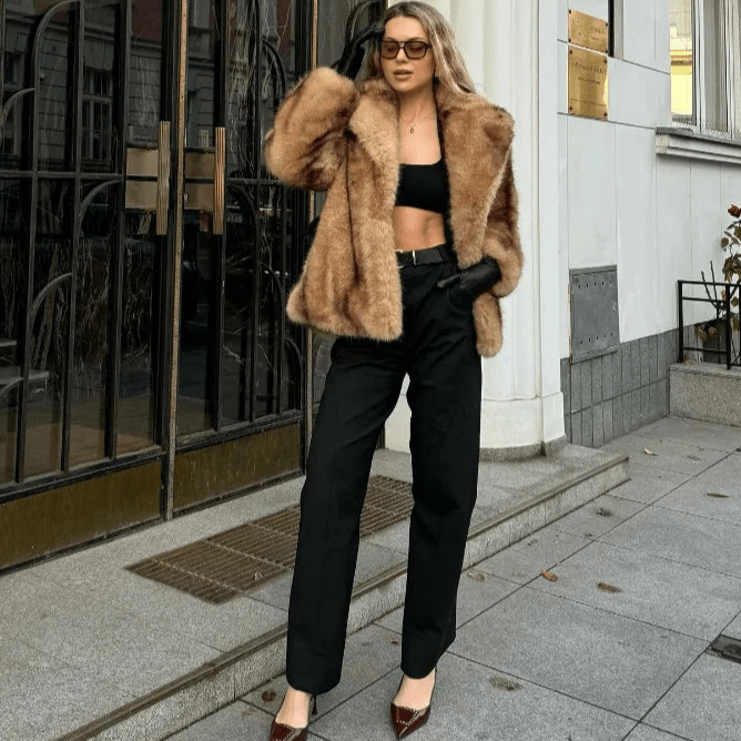 OLANE Stylish Soft Faux Fur Coat BrownMWomen's Coats & Jackets