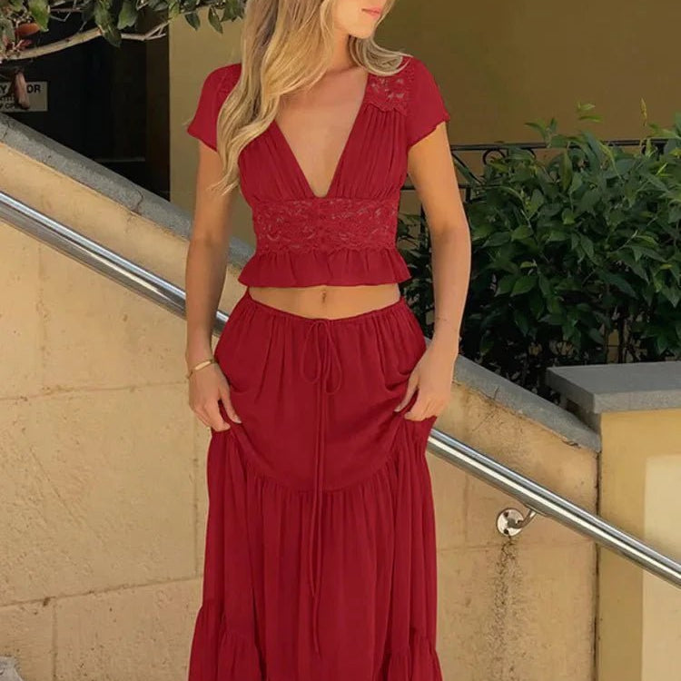 OLANE Ella Lace Crop Top Chiffon Two-Piece Set GreenXSWomen's Sets