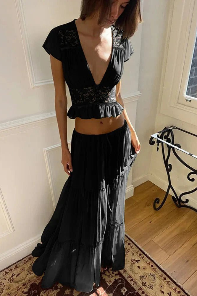 OLANE V-Neck Lace Crop Top Chiffon Two-Piece Set GreenXSWomen's Sets
